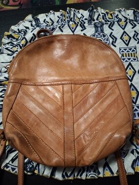 margot Tan Leather Round Mini Backpack with Chevron Stitch